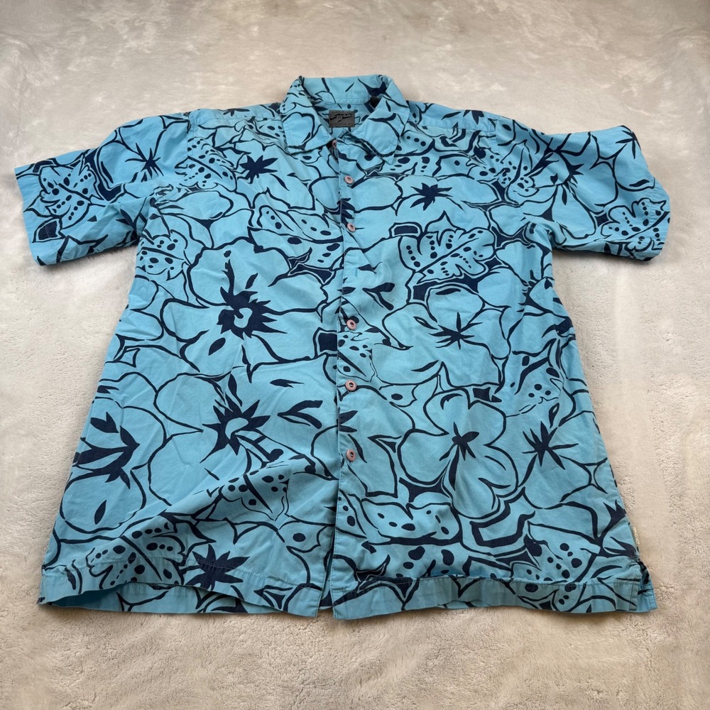Piping Hot Mens Medium Floral Button Up Shirt‎ Blue Short Sleeve Casual Top